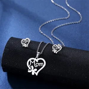 Stainless steel MOM heart necklace and earrings set on premium blue fabric display