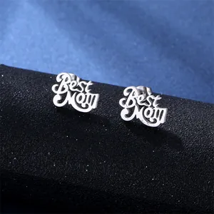 Polished silver Best Mom stud earrings made of stainless steel for Mother's Day gifts