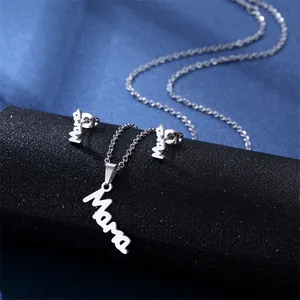 Silver stainless steel Mama necklace and earrings jewelry set for Mother's Day gift