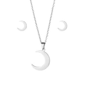 Polished stainless steel crescent moon pendant necklace and stud earrings jewelry set