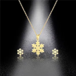 Gepolijste gouden roestvrijstalen sieradenset met sneeuwvlok ketting en oorbellen voor dames