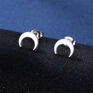Polished stainless steel crescent moon stud earrings with silver brushed finish