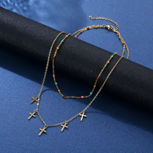 Collier Et Boucles d'Oreilles Double Couche en Acier Inoxydable 304 Avec Pendentif Croix Et Perles Colorées Plaqué Or