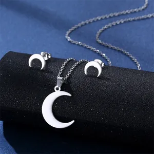 Minimalist 304 Stainless Steel Crescent Moon Pendant Necklace Matching Stud Earrings Jewelry Piece For Women Polished Silver Tone