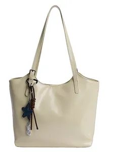 Women Large Capacity PU Leather Tote Bag Western Retro Commuting Shoulder Bag With Star Charm Solid Color Handbag