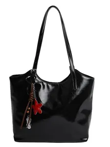 Classic black glossy faux leather tote bag for women with adjustable shoulder straps