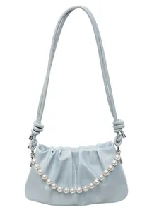 Chic light blue pleated underarm bag with pearl chain and knotted strap details