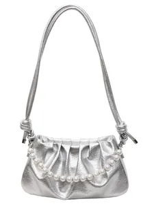 Silver pleated shoulder bag with pearl chain detail and knotted leather strap