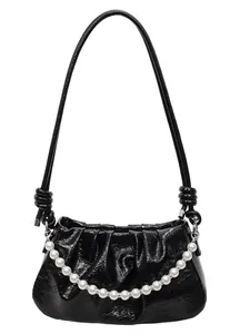 Fashionable black pleated patent leather underarm bag with decorative pearl chain strap