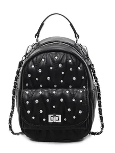 Mini black quilted backpack with rhinestones, silver twist lock and chain straps