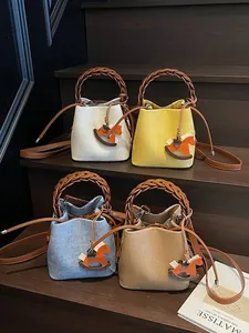 Vintage Woven Handle Bucket Bag For Women PU Leather Canvas Texture Shoulder Crossbody Bag With Horse Charm Drawstring Pouch