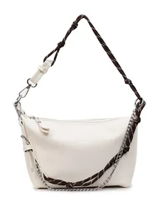 Minimalist beige pebble leather tote bag with braided rope and silver chain straps