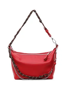 Red pebbled leather crescent crossbody bag with braided rope and chain strap