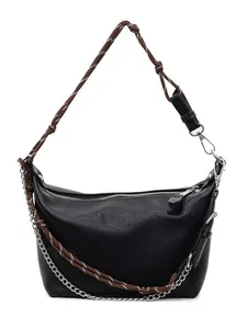Minimalist black pebbled leather underarm bag with woven strap and silver chain detail