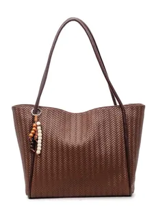 Vintage brown woven tote bag with wooden bead charm for daily commute and styling