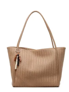 Khaki woven tote bag with large capacity and beaded charm for fashion commuting