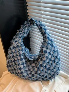Vintage Denim Checkerboard Crossbody Bag Large Capacity Frayed Edge Fringed Hobo Bag Casual Shoulder Bag For Women