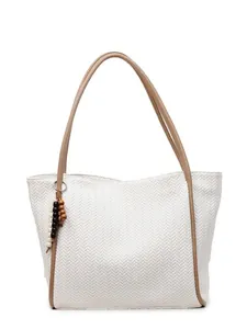 Vintage large capacity woven tote bag with brown leather straps and wooden bead charm