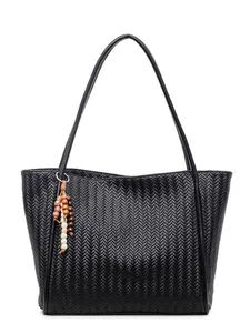 Retro black woven tote bag with wooden bead charm and slim leather shoulder straps