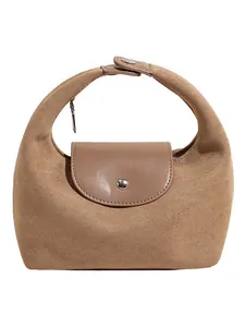 Chic khaki suede and smooth leather handbag with silver snap closure for women