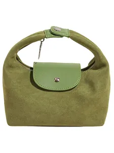 Green suede and smooth leather retro shoulder bag with silver round buckle closure