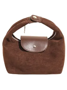 Retro dark brown suede handbag with smooth leather trim and silver metal hardware