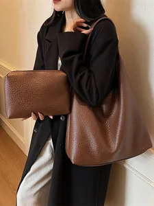 Brown vintage faux leather tote bag and matching clutch set for women daily commute