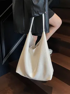 Retro cream white large tote bag with pebble leather texture for daily commute use