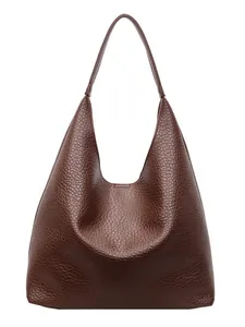 Retro deep brown large capacity tote bag with litchi grain texture and minimalist design