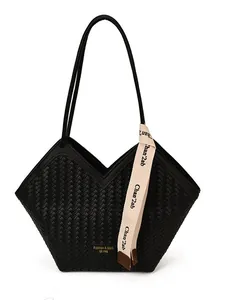 Sac fourre-tout noir tissé élégant avec ouverture en V et ruban décoratif chic