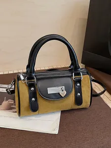 Women Retro Suede PU Leather Boston Handbag Contrast Color Cylindrical Shoulder Crossbody Bag With Heart Charm Rivet