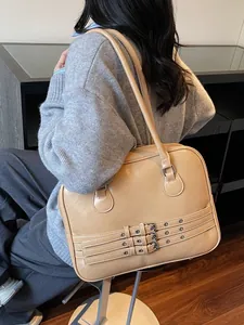 Grande borsa a spalla kaki minimalista con tre fibbie dal design retrò elegante