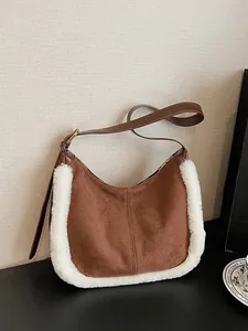 Women Vintage Suede Shoulder Bag With Faux Fur Trim Retro Hobo Underarm Bag Fall Winter Chic Patchwork Satchel Handbag