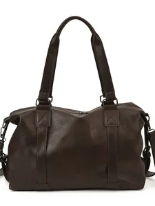 Large dark brown PU leather tote bag with sturdy handles and top zipper for travel