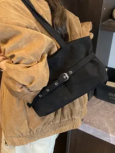 Retro black suede tote bag with decorative belt detail for women in 2025 autumn style