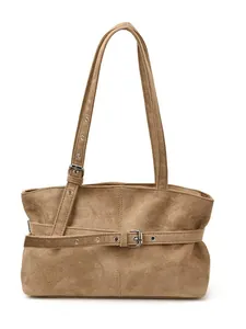 Brown vintage faux suede oversized tote bag with belt buckle detail for women