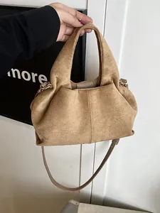 Retro camel suede tote bag with top handles and adjustable shoulder strap for women