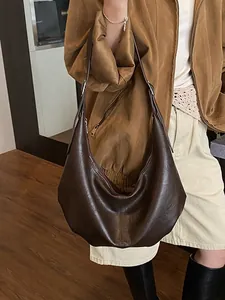 Sac Hobo Retro Pour Femme Grande Capacité en Cuir PU Mode Couleur Unie Sac Sous le Bras Bandoulière Avec Fermeture Éclair