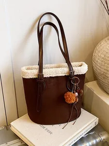 Damen Retro Wildleder Eimertasche Lammwollimitat Besatz Umhängetasche Mit Quasten Anhänger Mode Handtasche Für Herbst Winter