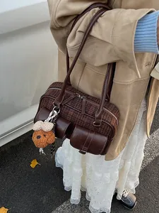 Retro brown plaid Boston shoulder bag for women with cute bear charm and dual pockets