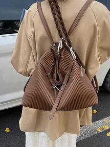 Brown pleated PU leather large backpack for women with adjustable metal buckle straps