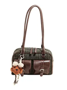Retro plaid Boston shoulder bag with faux leather trim and plush dog charm on white base