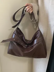 Vintage dark brown leather hobo shoulder bag with metal buckle strap and large capacity