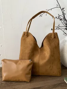 Grand Sac Cabas Vintage pour Femme en PU Dépoli Texture Daim Design en V Fermoir Magnétique Sac à Épaule pour Navettage Quotidien Sac à Main Polyvalent