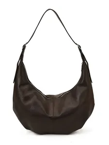 Sac hobo marron foncé en forme de croissant avec bandoulière large et fermeture éclair