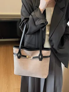 Grand sac cabas rétro en daim beige avec lanières noires pour femmes mode automne