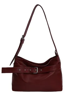 Retro deep red large capacity tote bag in soft PU leather with adjustable shoulder strap