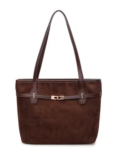 Grand sac cabas rétro en daim marron avec boucle dorée pour les trajets quotidiens