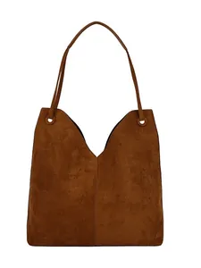 Sac cabas rétro pour femme en daim marron avec une ouverture minimaliste en forme de V