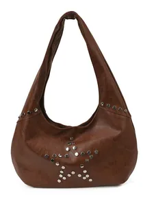 Brown faux leather hobo shoulder bag with silver metal studs in a star pattern